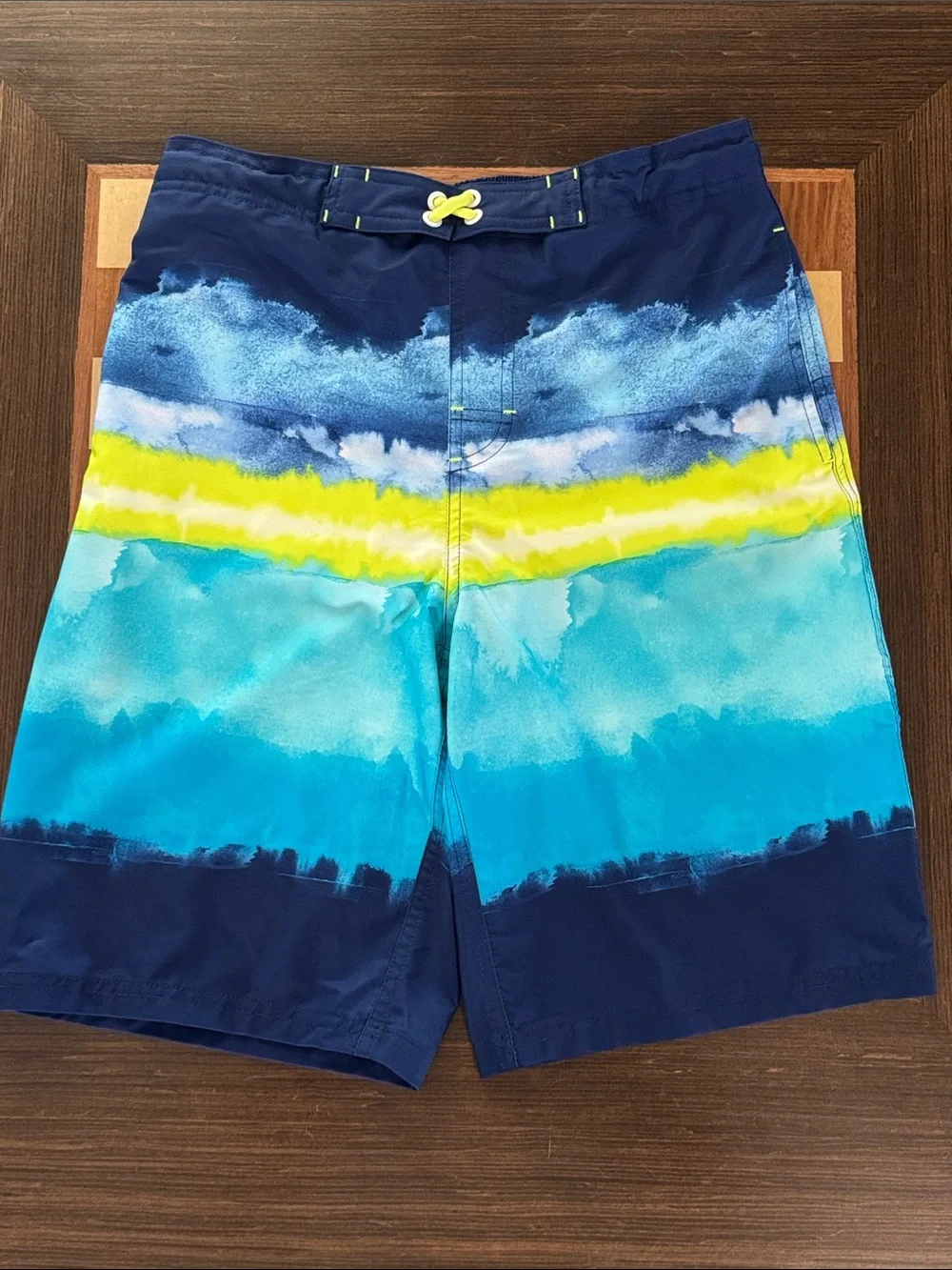 Wonder Nation boys navy blue green yellow swim trunks size XXL.